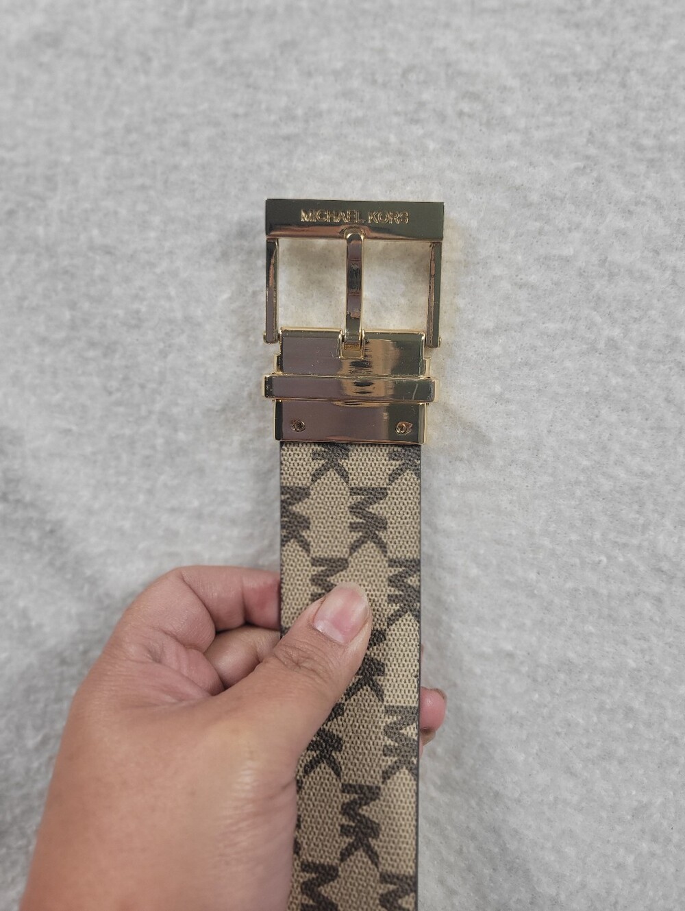 BeltMichael Kors Reversible MK Monogram Belt Gold Tone Buckle Beige & White - Picture 8 of 8